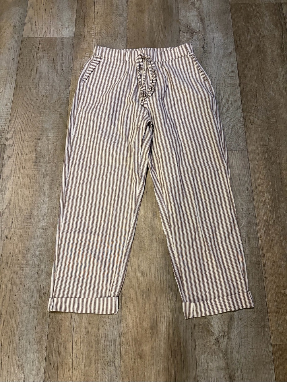 Striped Drawstring Women’s Pants - Beige & Brown. Size Small